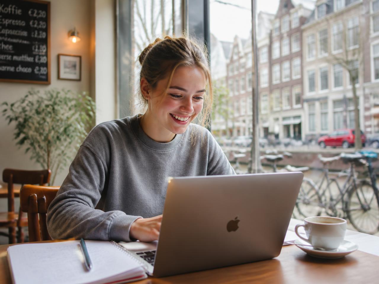 A learner smiling while practising Dutch theory questions on a laptop in an Amsterdam cafe